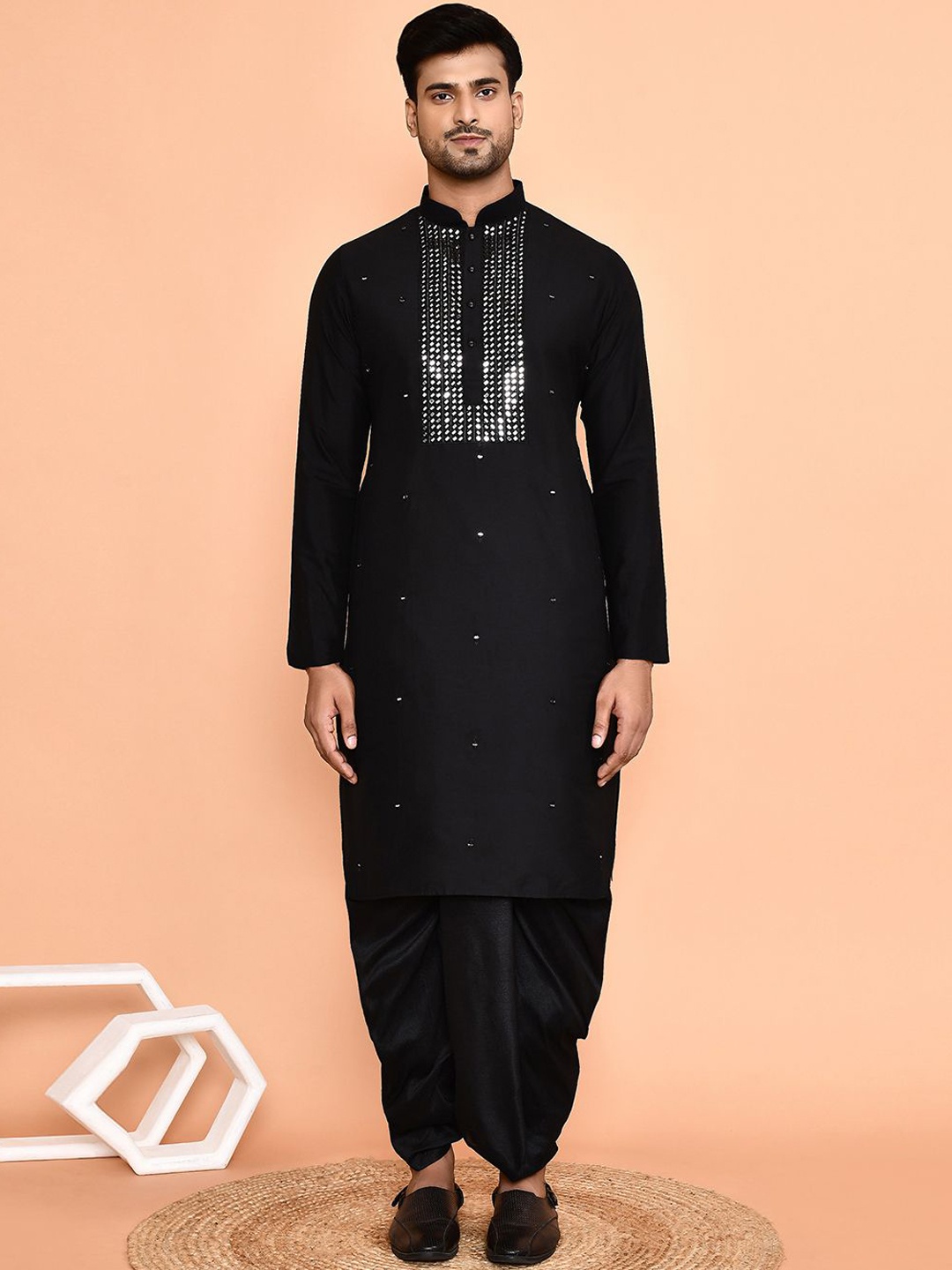 

Arihant Rai Sinha Mandarin Collar Long Sleeves Regular Mirror Work Kurta With Dhoti Pant, Black