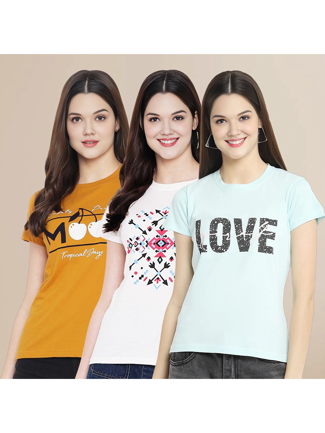 

Metronaut Women Pack Of 3 Typography Printed Round Neck Cotton T-shirts, White