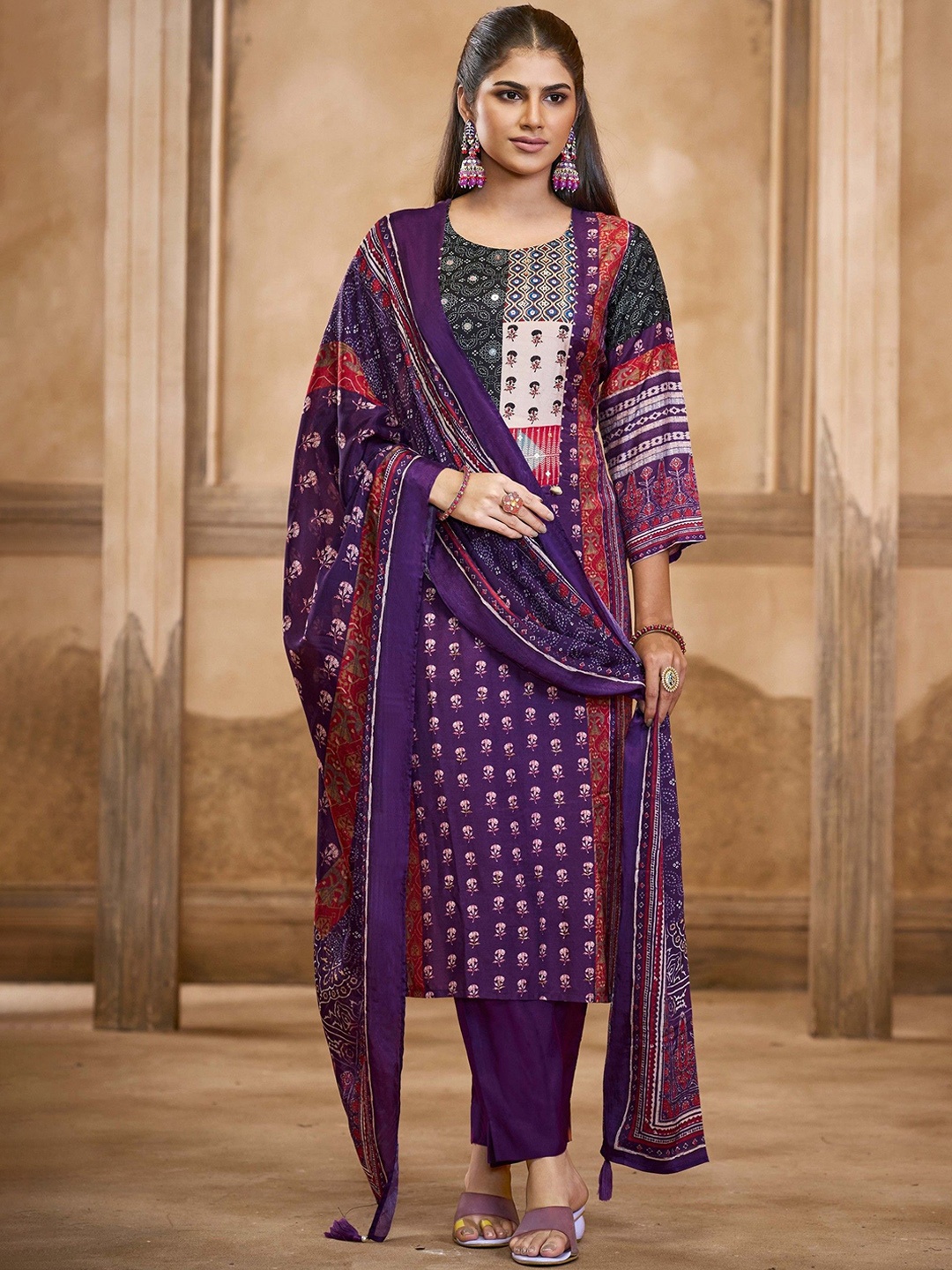 

all about you Ethnic Motifs Printed Linen Kurta with Trousers & Dupatta, Violet