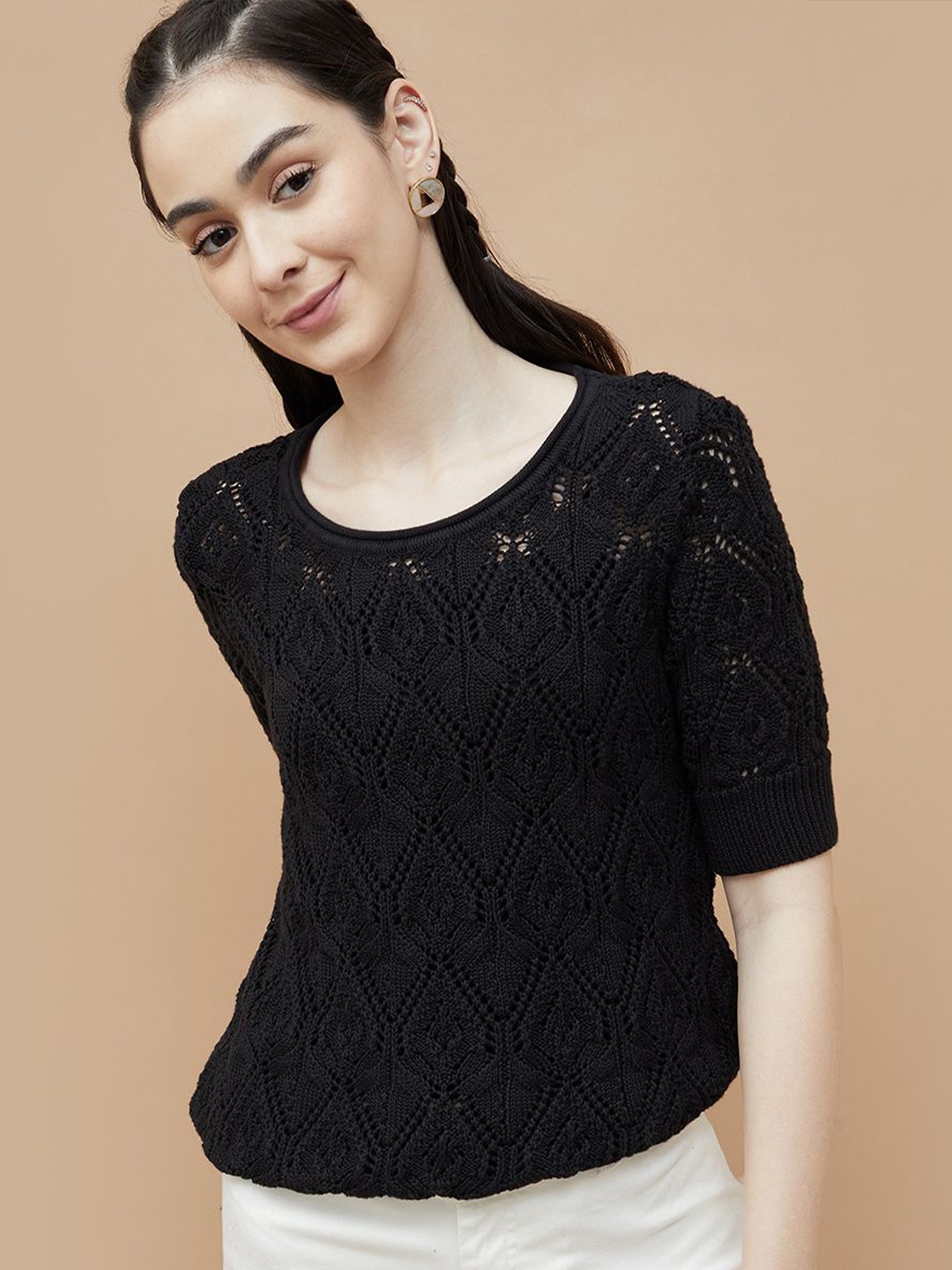 

Colour Me by Melange Round Neck Cotton Top, Black