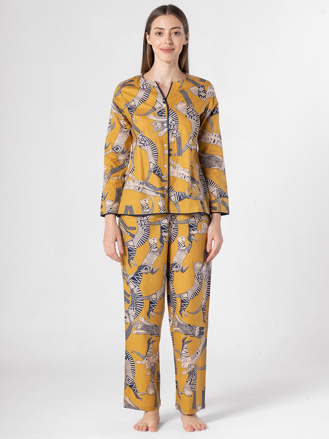 

SANSKRUTIHOMES Women Printed Pure Cotton Night Suit, Yellow