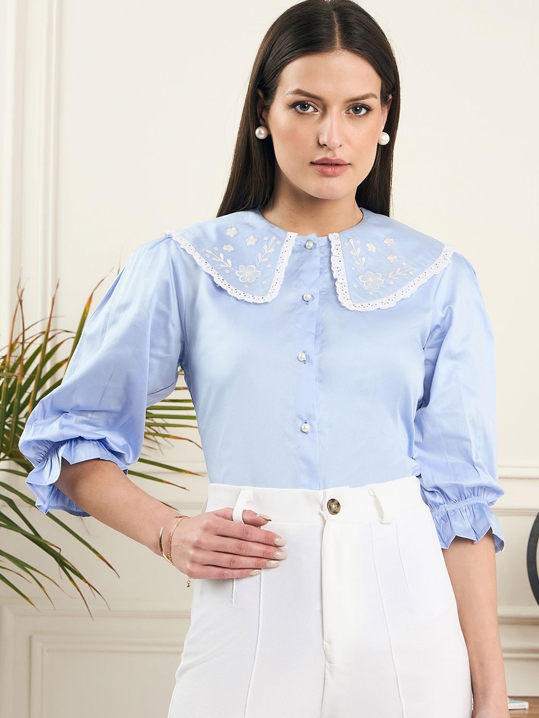 

Noi Women Smart Peter Pan Collar Solid Cotton Casual Shirt, Blue