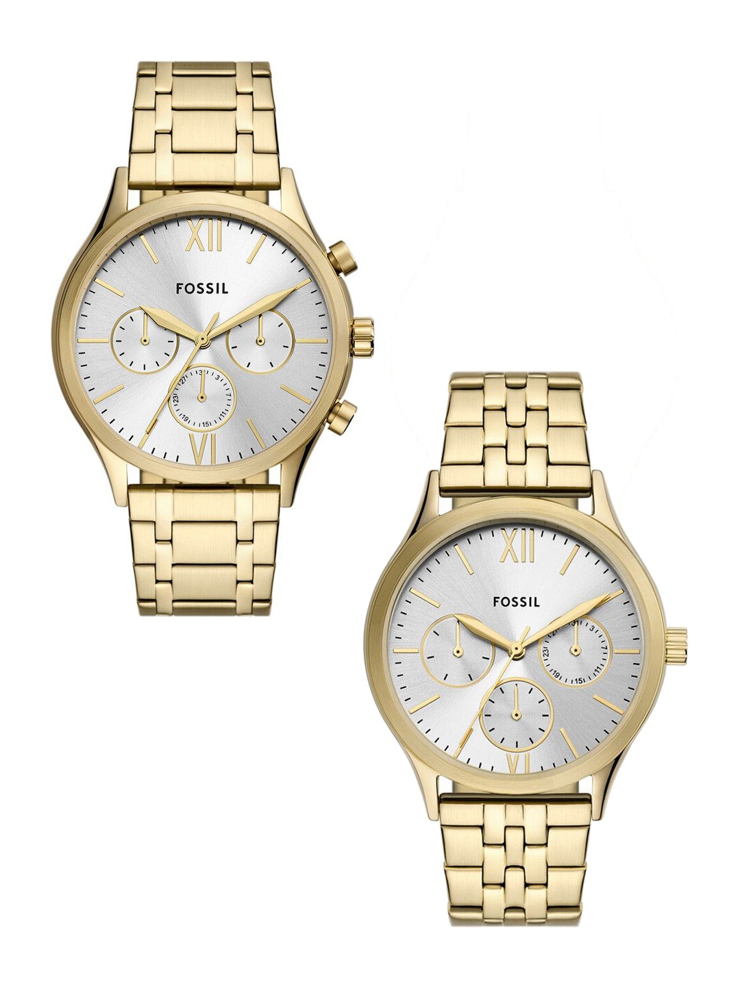 

Fossil Unisex Patterned Dial & Stainless Steel Straps Analogue Watch AK_BQ2899SET, Gold