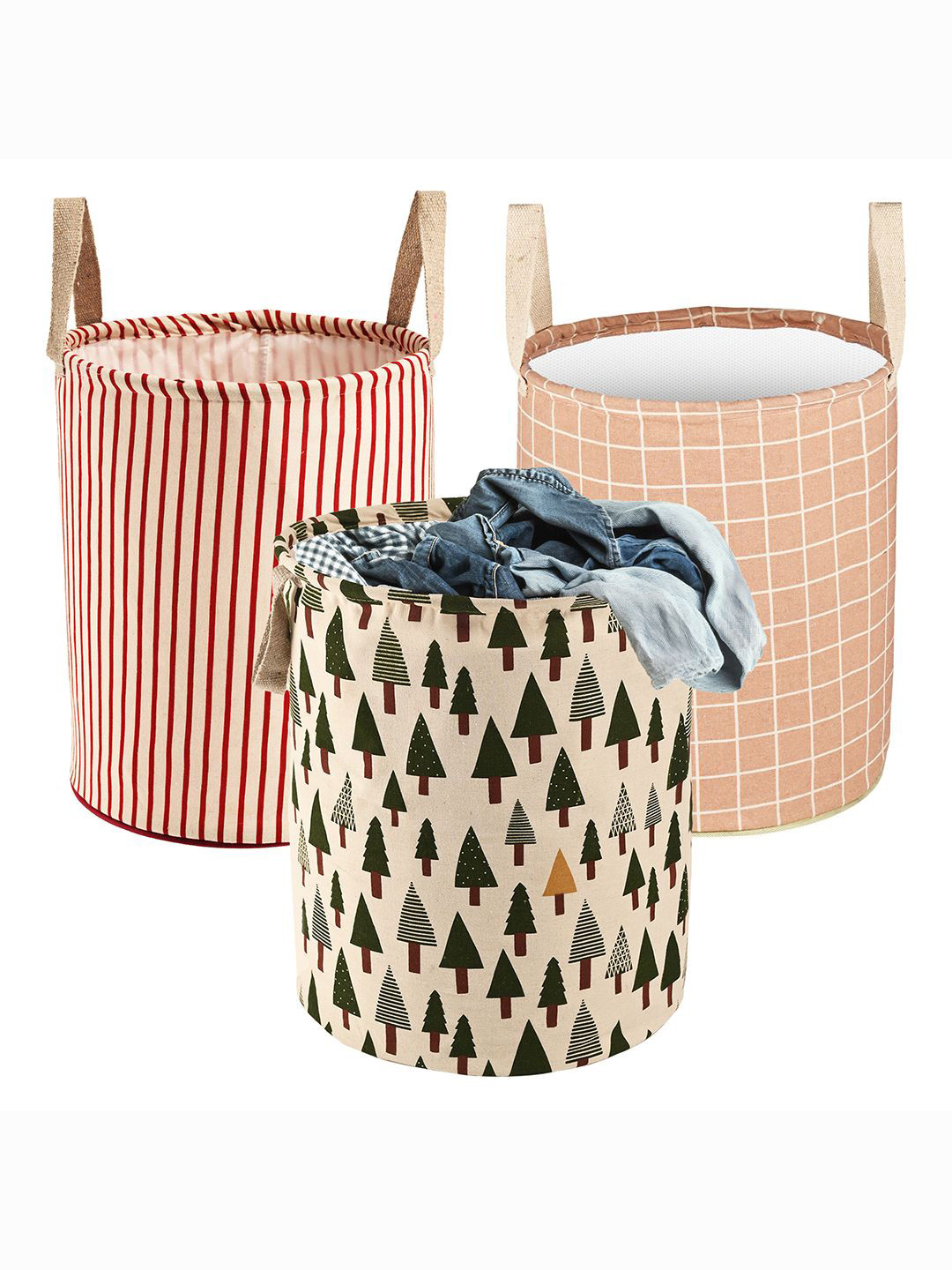 

Kuber Industries Green & Maroon 3 Pieces Printed Cotton Foldable Laundry Bag 60 L