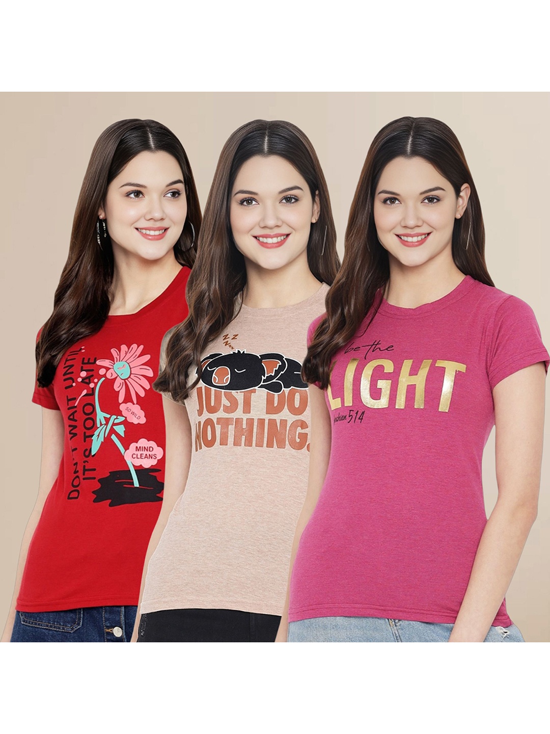 

Metronaut Women Pack Of 3 Typography Printed Round Neck Cotton T-shirts, Pink