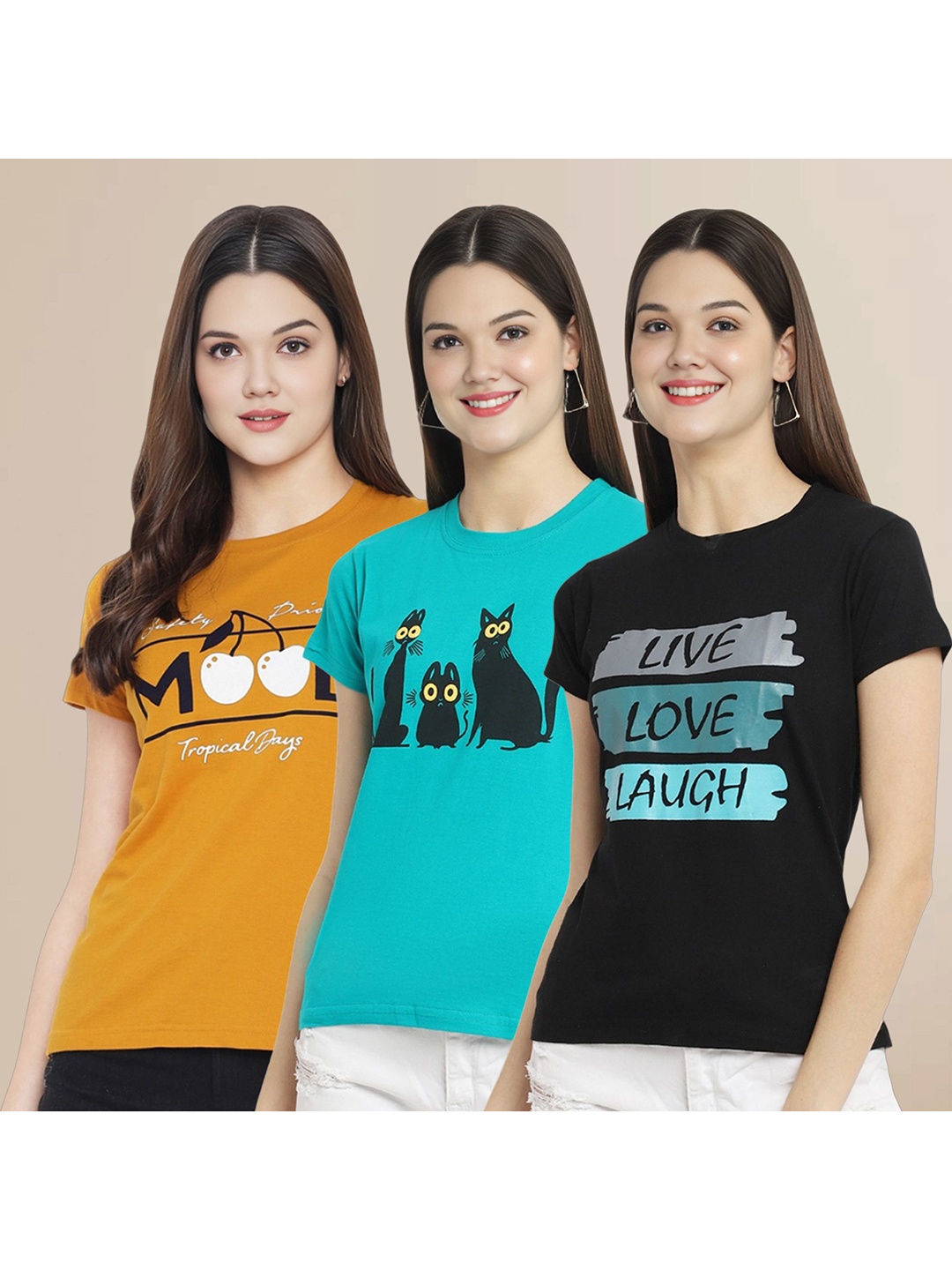 

Metronaut Women Pack Of 3 Typography Printed Round Neck Cotton T-shirts, Mustard