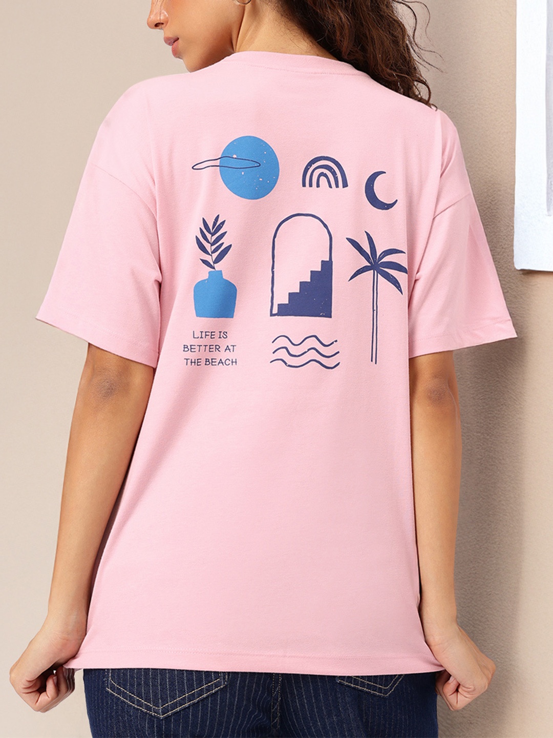 

DressBerry Vacay Mode On Printed Tropical Print Relaxed T-Shirt, Pink