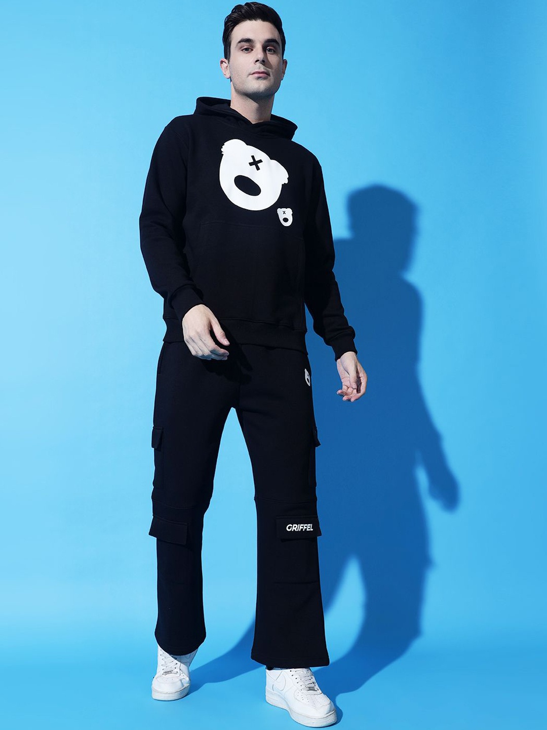 

GRIFFEL Men Graphic Printed Mid Rise Hooded Tracksuits, Black