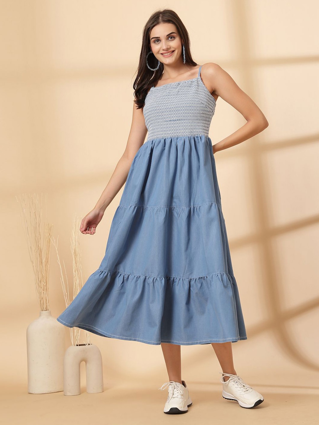 

plusS Cotton Shoulder Straps Fit & Flare Midi Dress, Blue