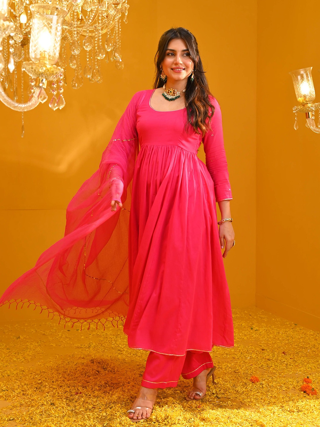 

Bunaai Sequinned Empire Anarkali Kurta With Trouser & Dupatta, Pink