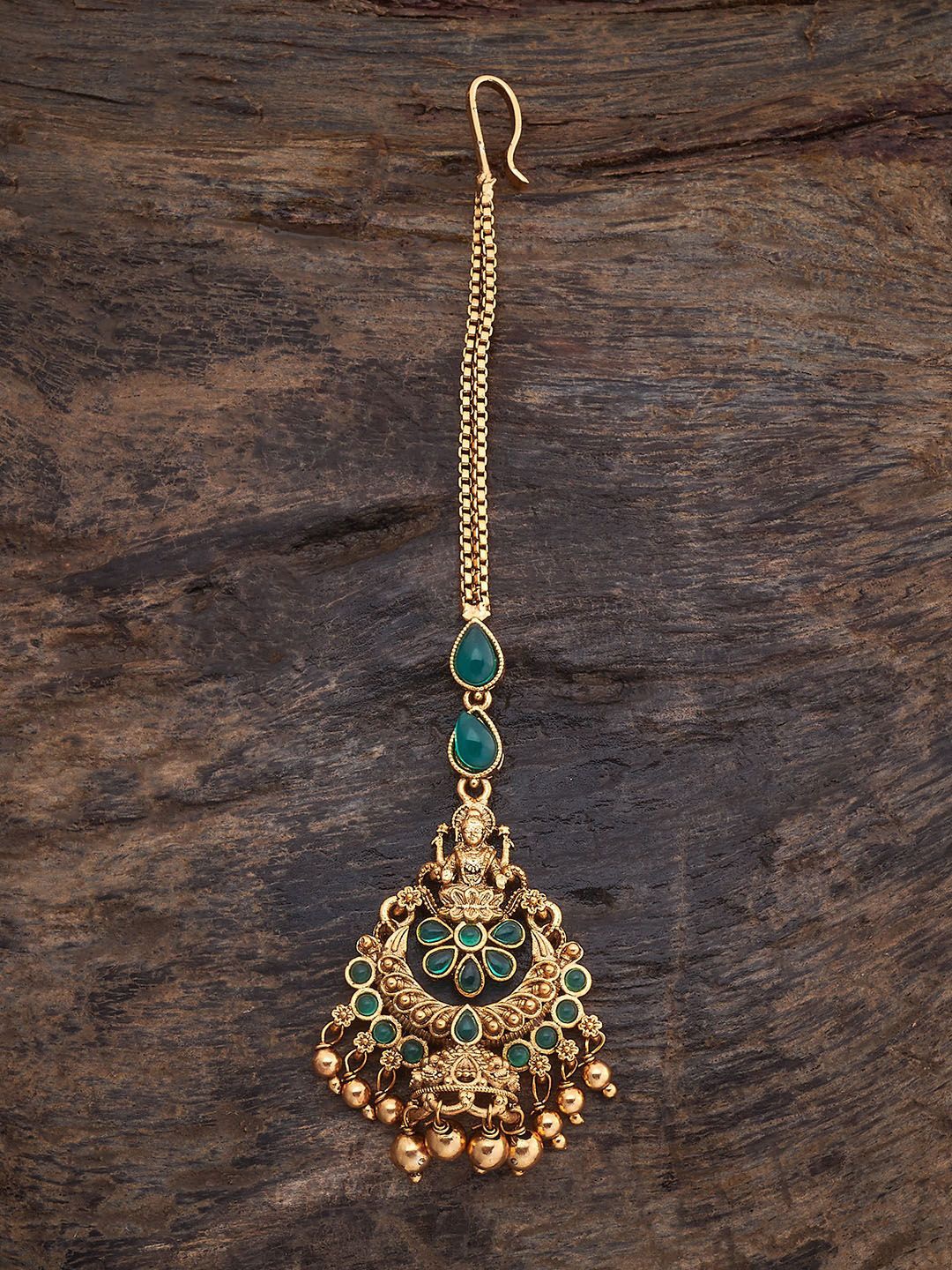 

Kushal's Fashion Jewellery Gold-Plated Stones Studded Antique Maang Tikka Head Jewellery, Green