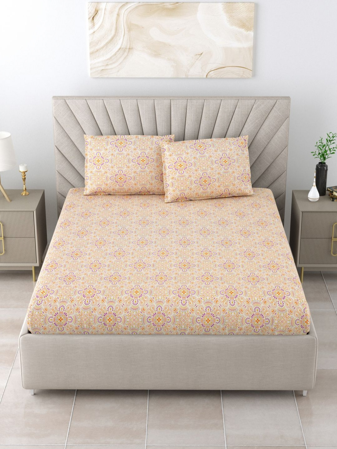 

BOMBAY DYEING Epigram Orange & Beige Floral 144 TC Queen Bedsheet Set 2.24 m x 2.54 m