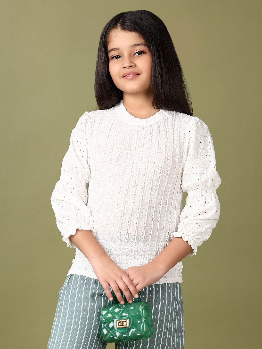 

V-Mart Girls Self Design Cotton Regular Top, White