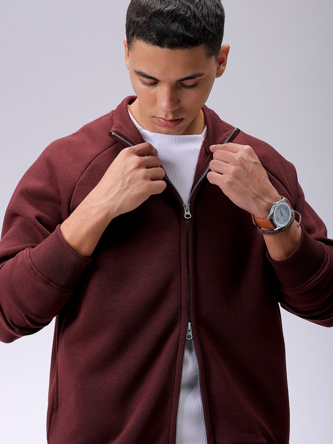 

The Indian Garage Co Men Front-Open High-Neck Sweatshirt, Brown
