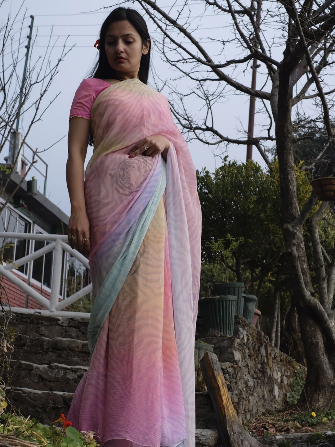 

BBG Royals Printed Pure Chiffon Saree, Pink