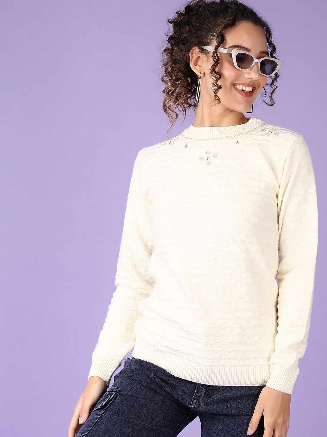 

V-Mart Women Round Neck Cotton Pullover with Embroidered Detail, Off white