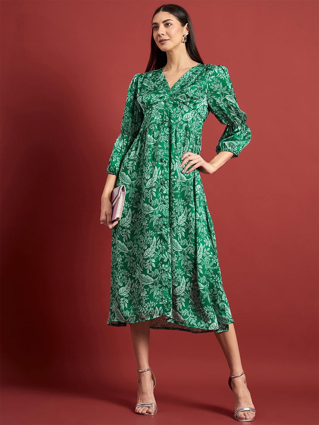 

all about you Women Floral Printed Puff Sleeve Crepe Dress, Green