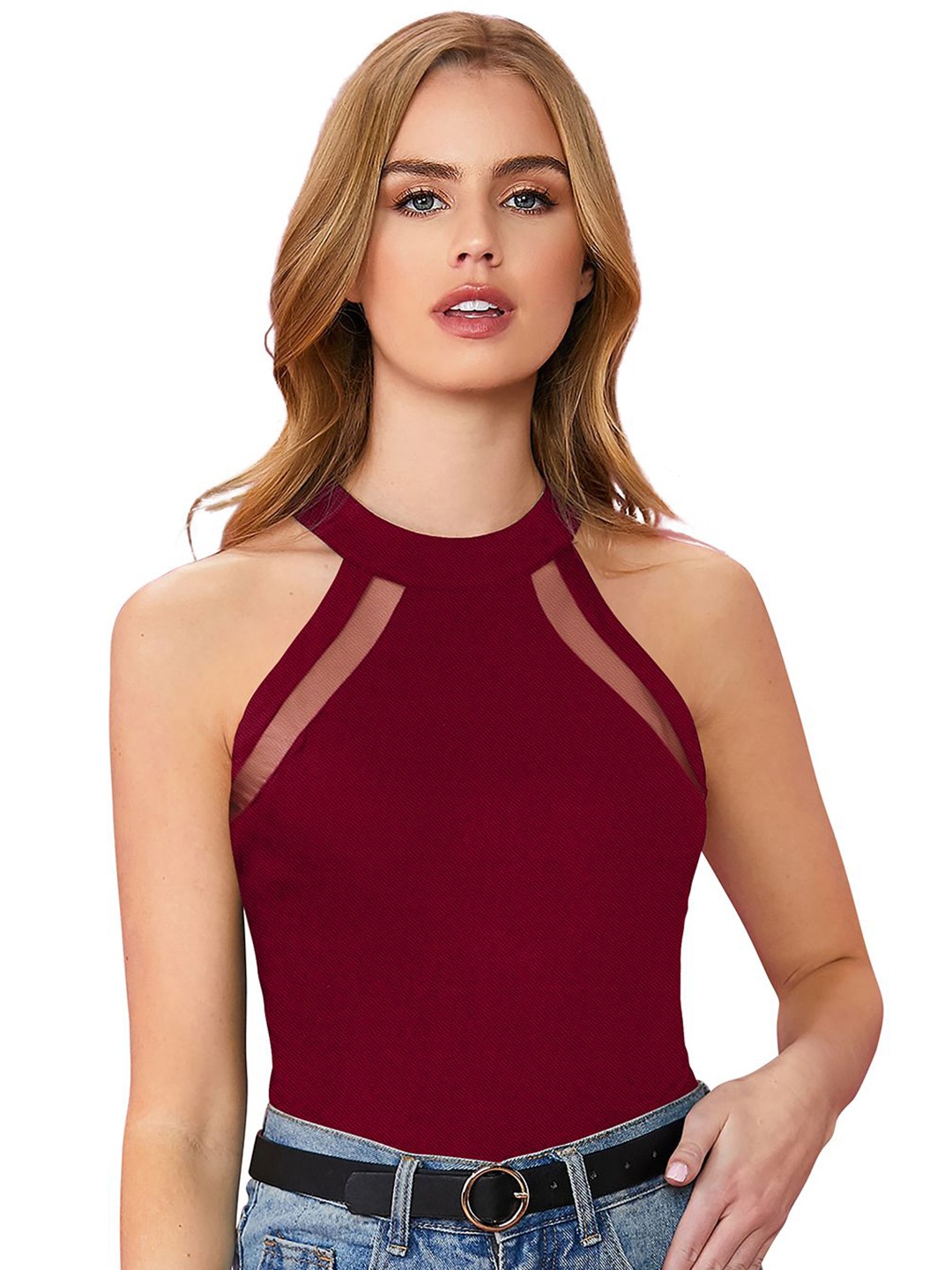 

Sanwariya Silk Women Sleeveless Halter Neck Top, Maroon