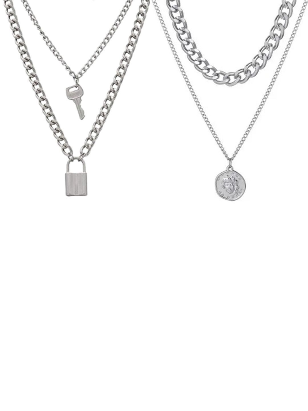 

Pinapes Unisex Set of 2 Gold-Plated Layered Lock and Key Minimal Necklaces, Silver