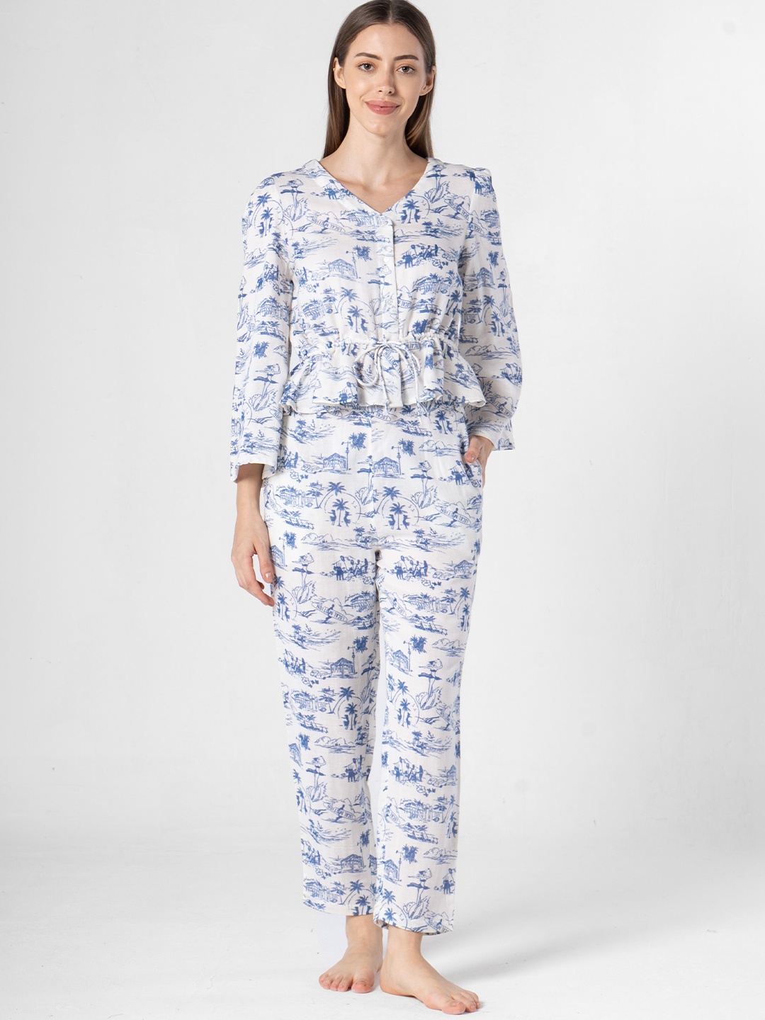 

SANSKRUTIHOMES Printed Pure Cotton Top & Pyjamas, White