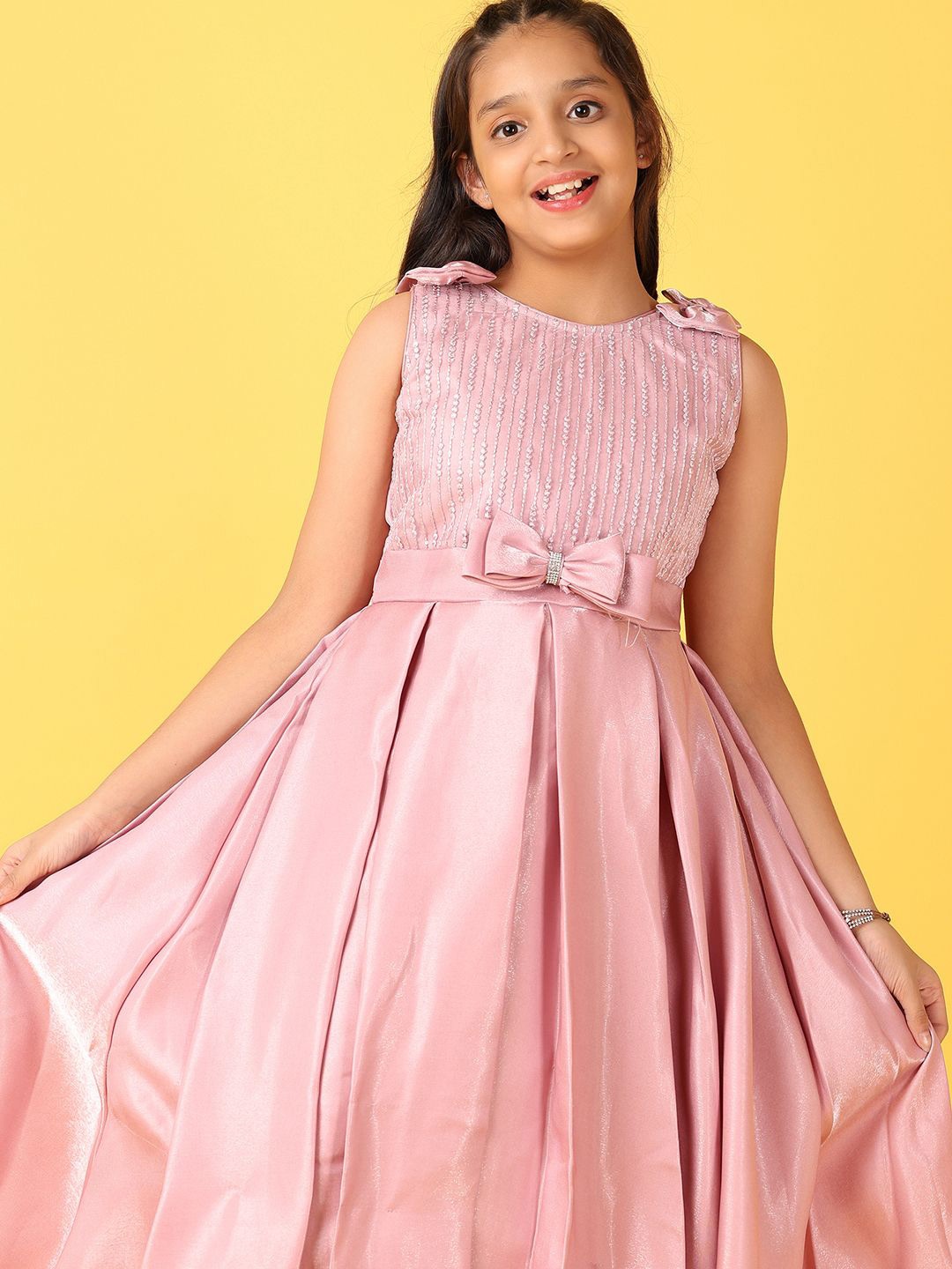 

V-Mart Girls Striped Embroidered Fit & Flare Midi Dress, Pink