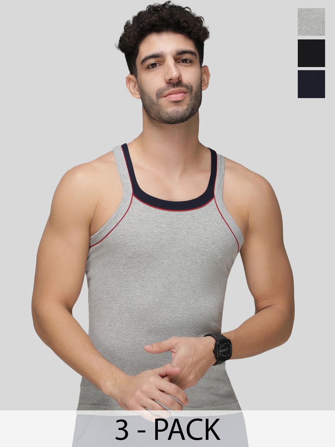 

AMUL COMFY Men Pack Of 3 Scoop Neck Gym Vests AC-VE-GVESTDF-BLK-NY-GM-XS-3PC, Black