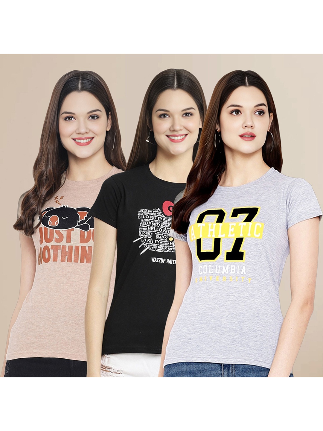

Metronaut Women Pack Of 3 Typography Printed Round Neck Cotton T-shirts, Grey