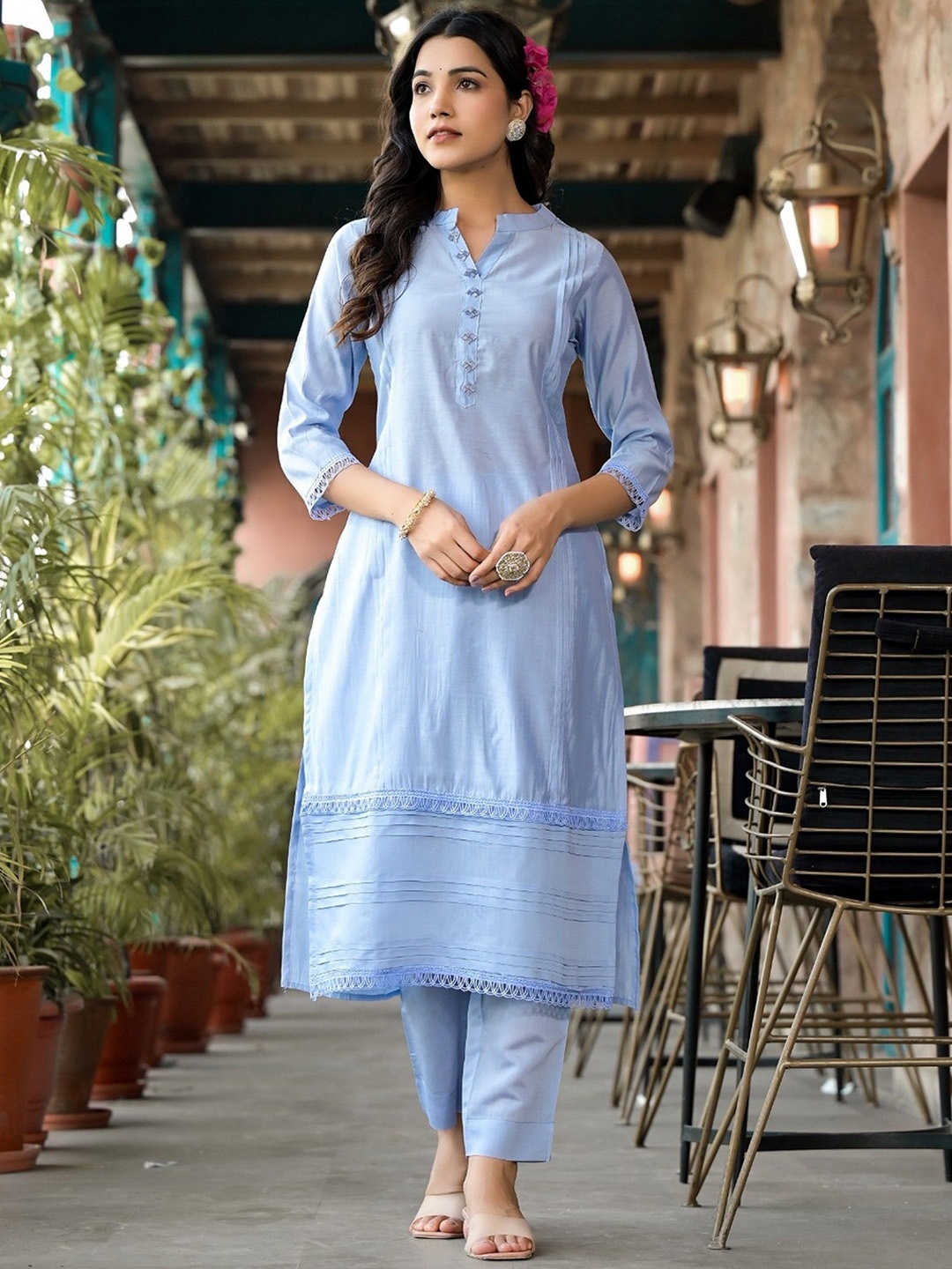 

all about you Mandarin Collar Straight Kurta with Trouser & Dupatta, Blue