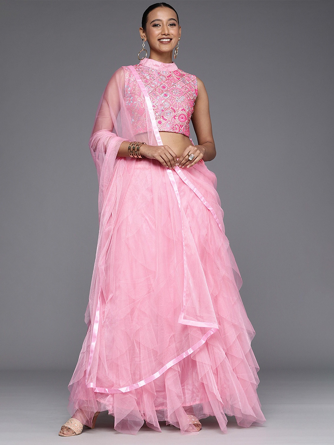 

Fabcartz Embellished Net Semi-Stitched Lehenga & Unstitched Blouse With Dupatta, Pink