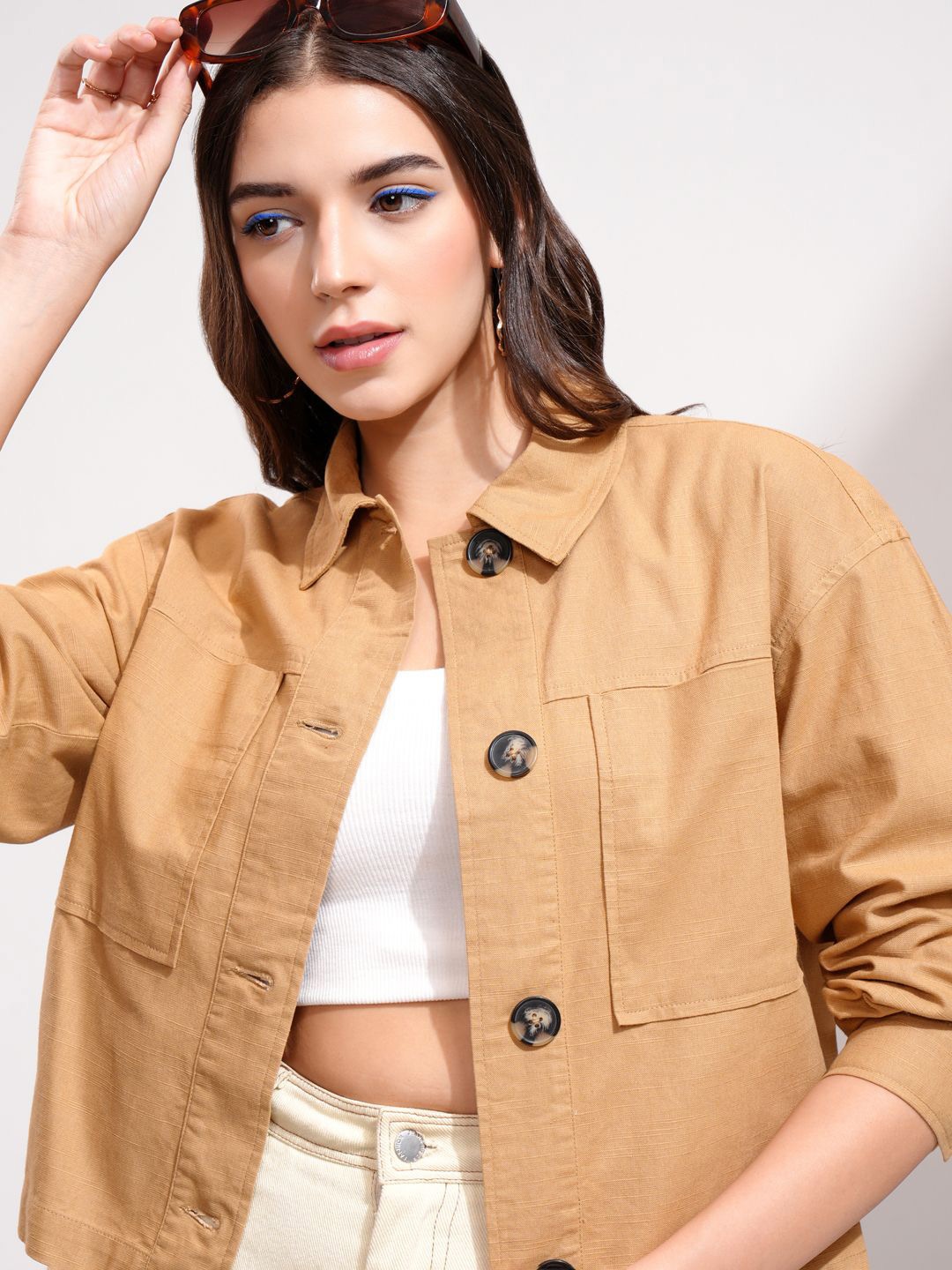 

Tokyo Talkies Women Oversized Double Pocket Button Down Shirt, Brown