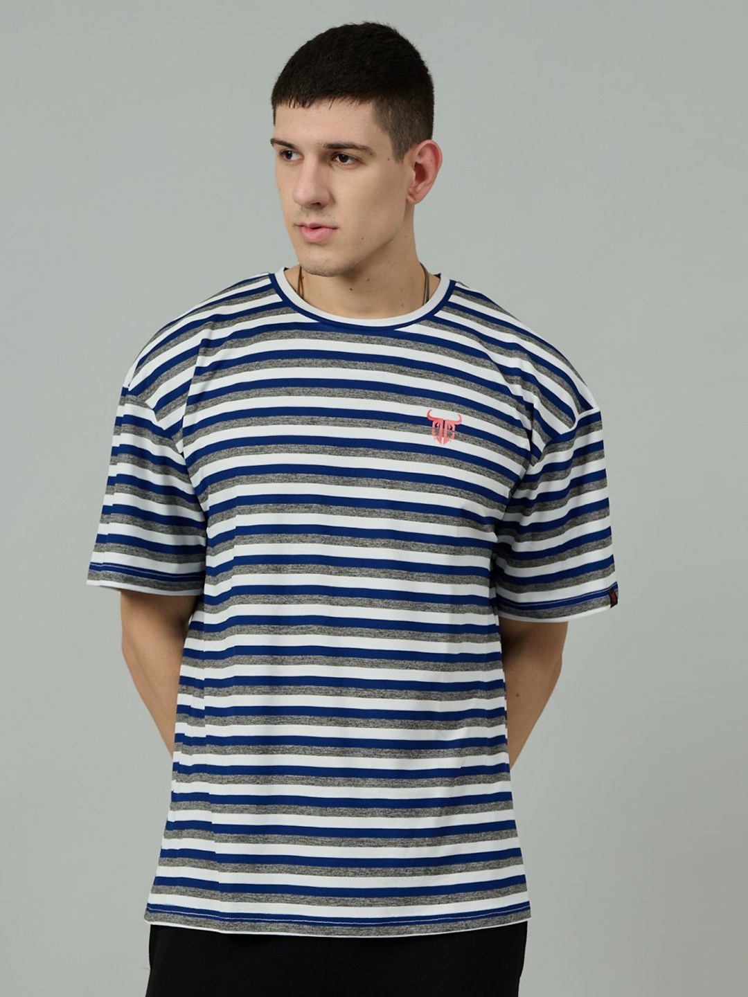 

GO DEVIL Men Striped Round Neck Cotton Relaxed Fit T-shirt, Navy blue