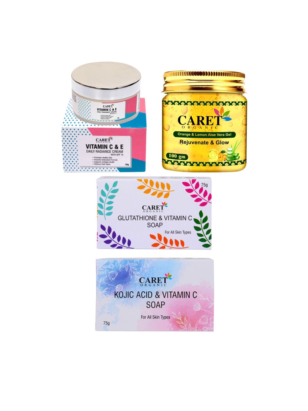 

CARET ORGANIC Set of 4 Radiance Cream & Aloevera Gel, Kojic Acid Soap & Glutathione Soap, White