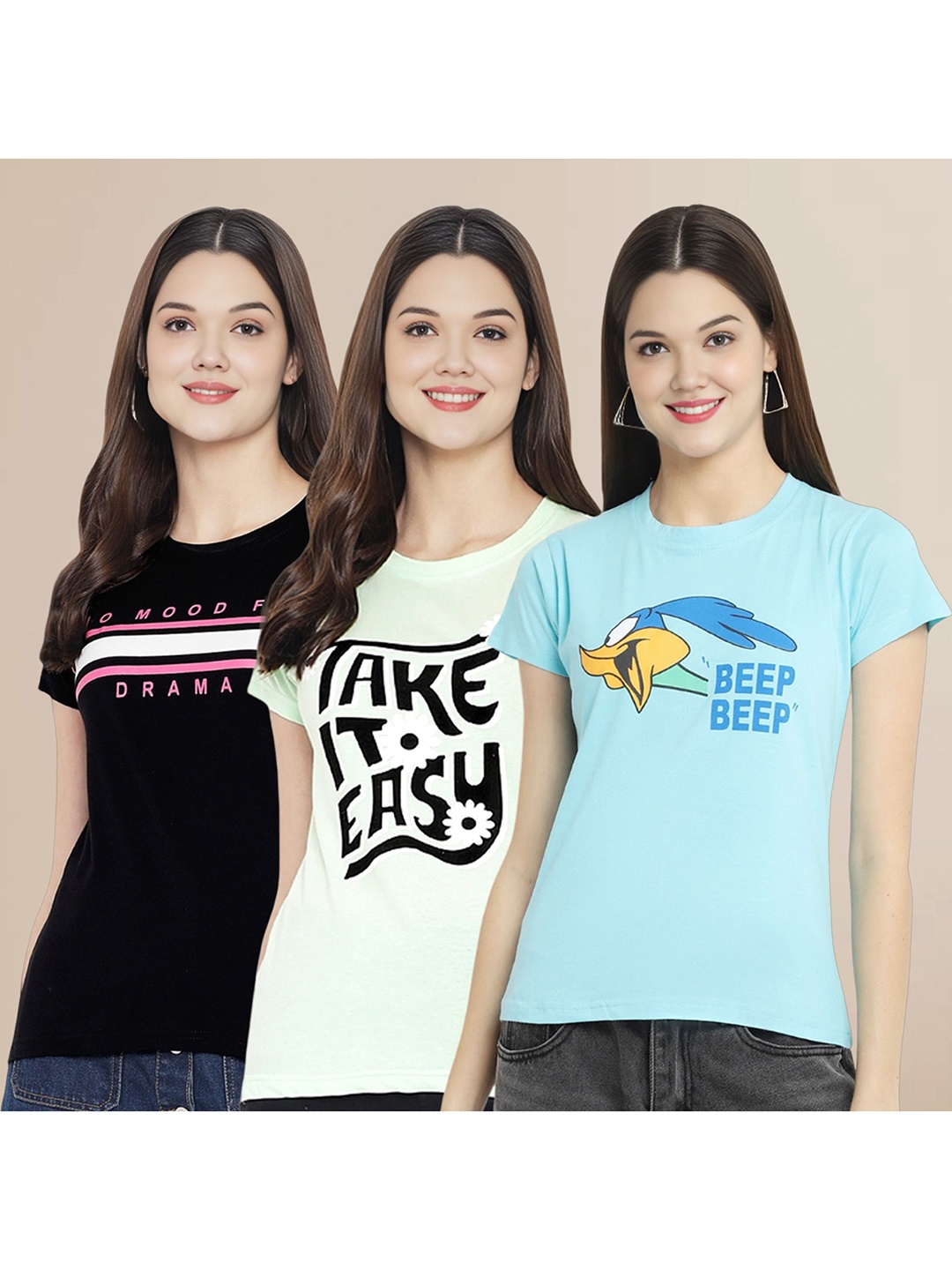 

Metronaut Women Pack Of 3 Typography Printed Round Neck Cotton Looney Tunes T-shirts, Black
