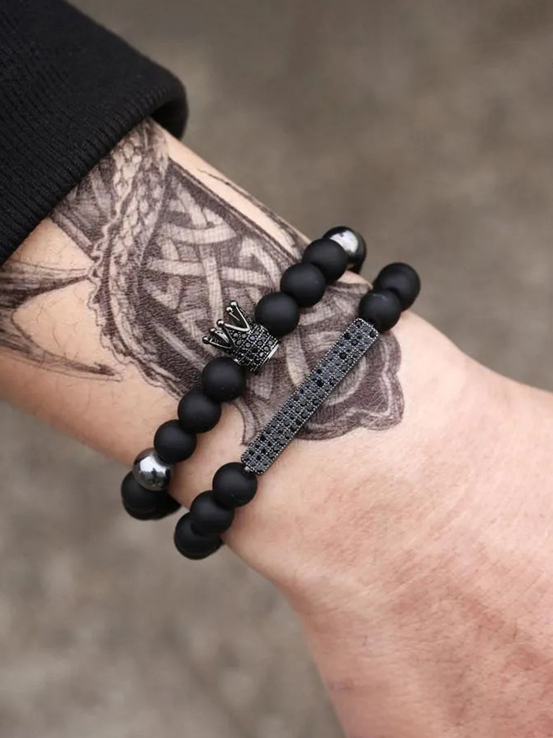 

Jewels Galaxy Men Set Of 2 Silver-Plated Beaded Elasticated Bracelets, Black