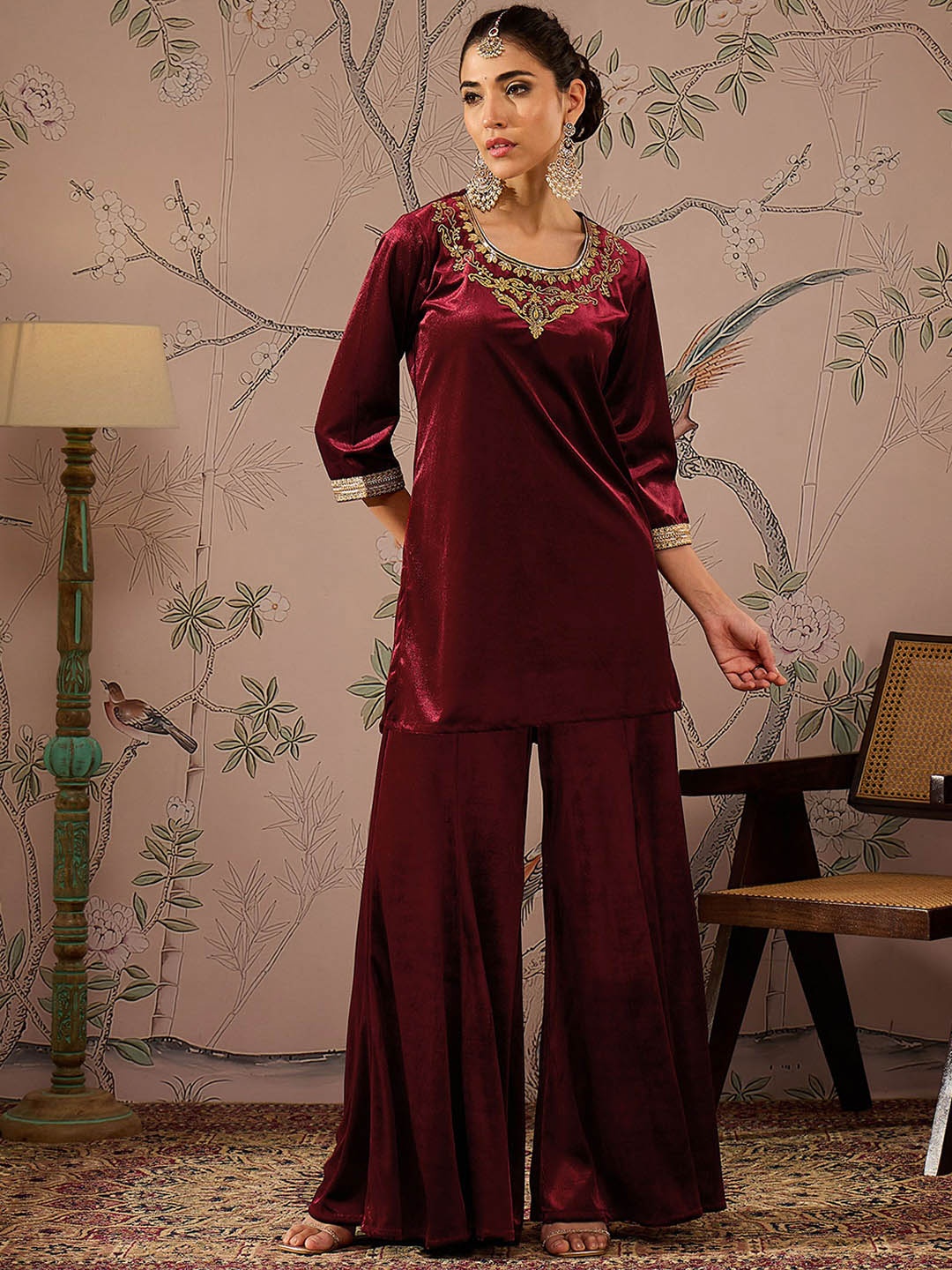 

Shae by SASSAFRAS Floral Yoke Design Velvet Kurti with Trouser, Maroon