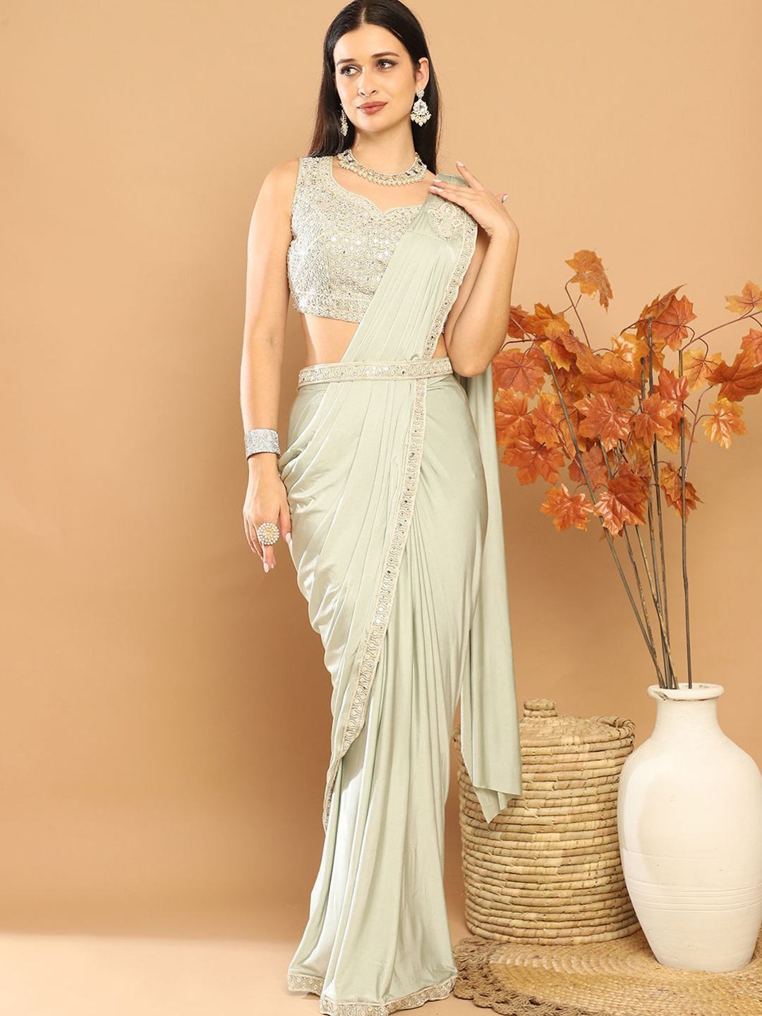 

Mitera Sequinned Ready to Wear Leheriya Saree, Sea green