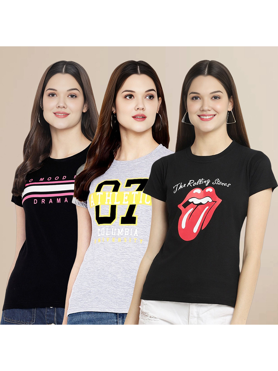 

Metronaut Women Pack Of 3 Typography Printed Round Neck Cotton T-shirts, Black