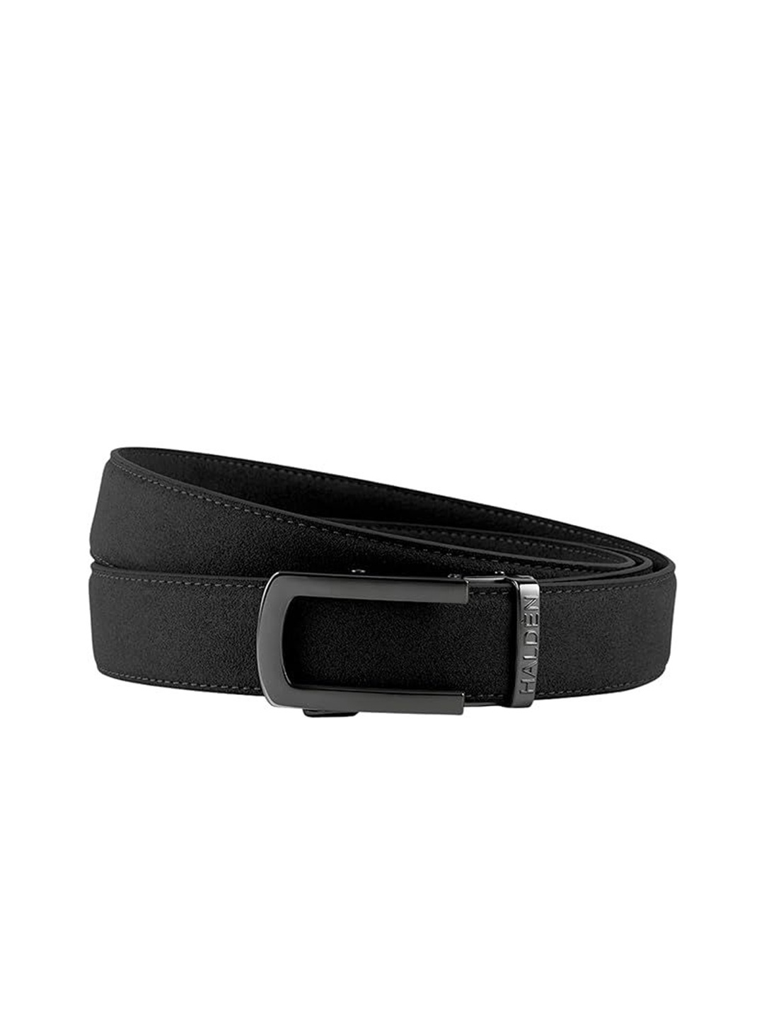 

HALDEN Men Textured Glossy Buckle Leather Belt, Black