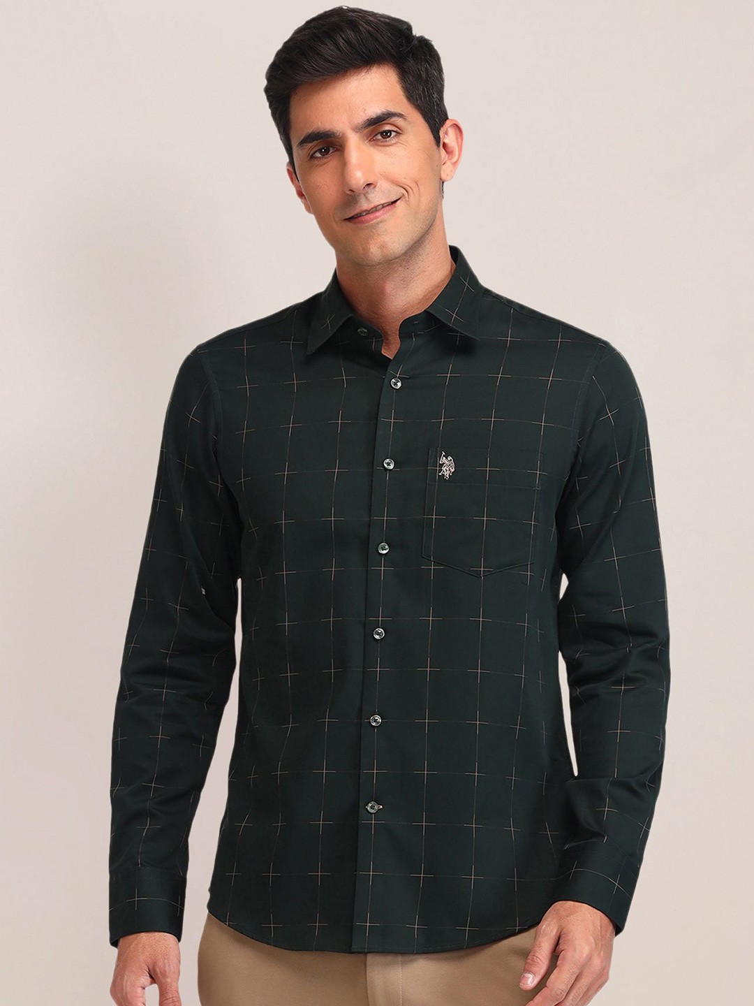 

U.S. Polo Assn. Men Manhattan Spread Collar Checks Printed Cotton Slim Fit Casual Shirt, Green