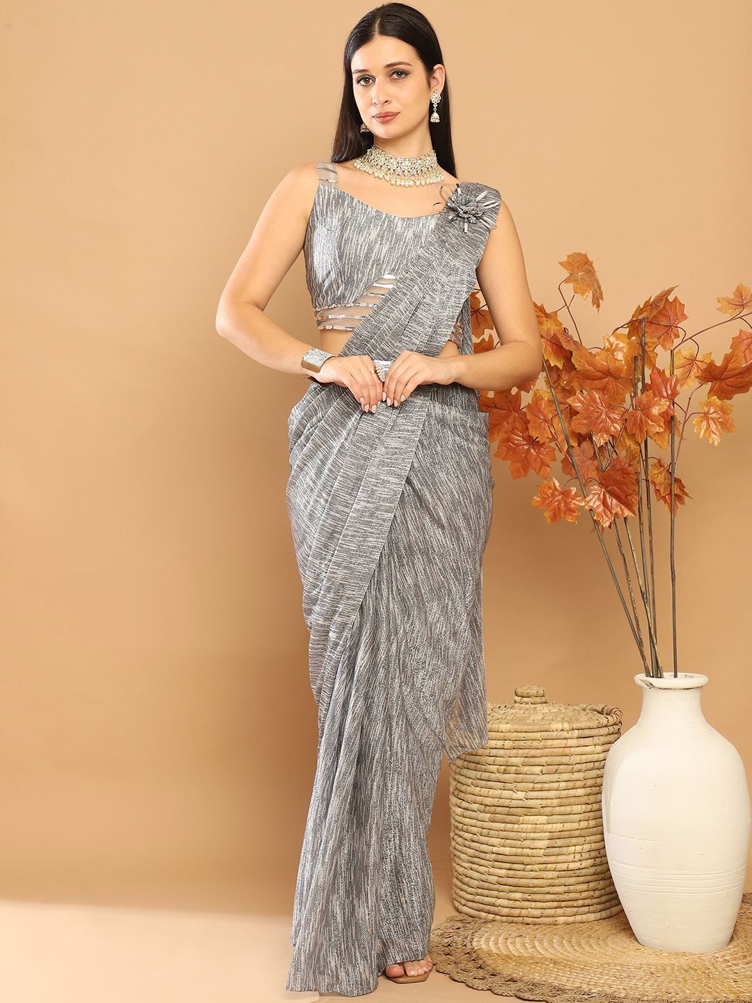 

Mitera Ethnic Motifs Ready to Wear Saree, Grey