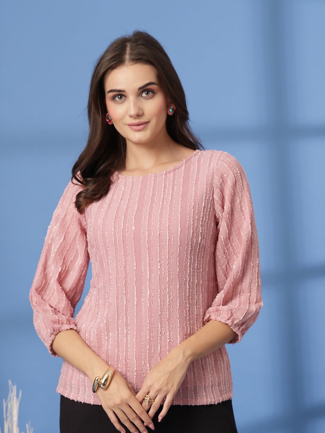 

plusS Women Round Neck Three-Quarter Puff Sleeve Top, Pink