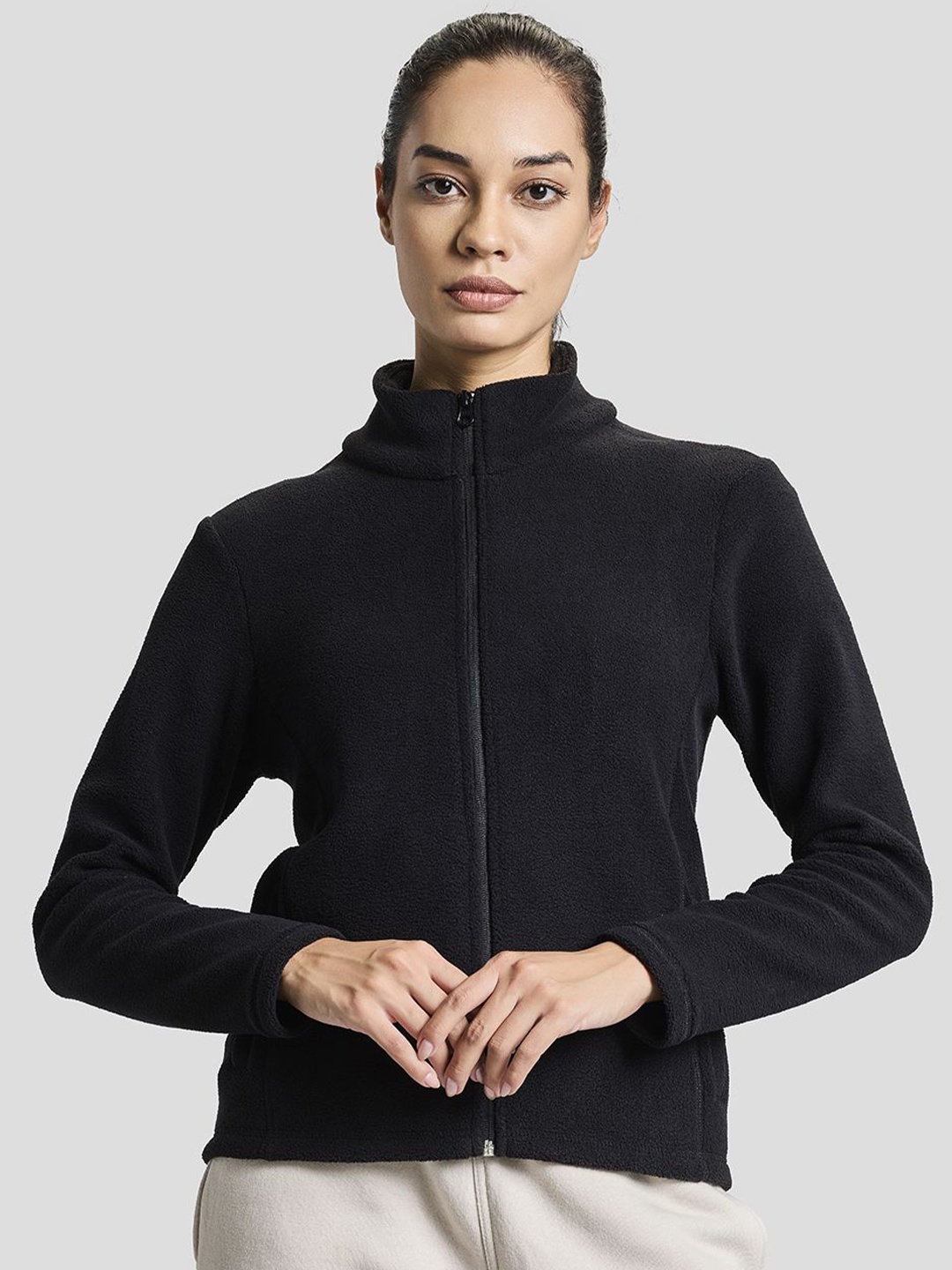 

BOLDFIT Women Full Zipper High Neck Fleece Sweatshirt, Black