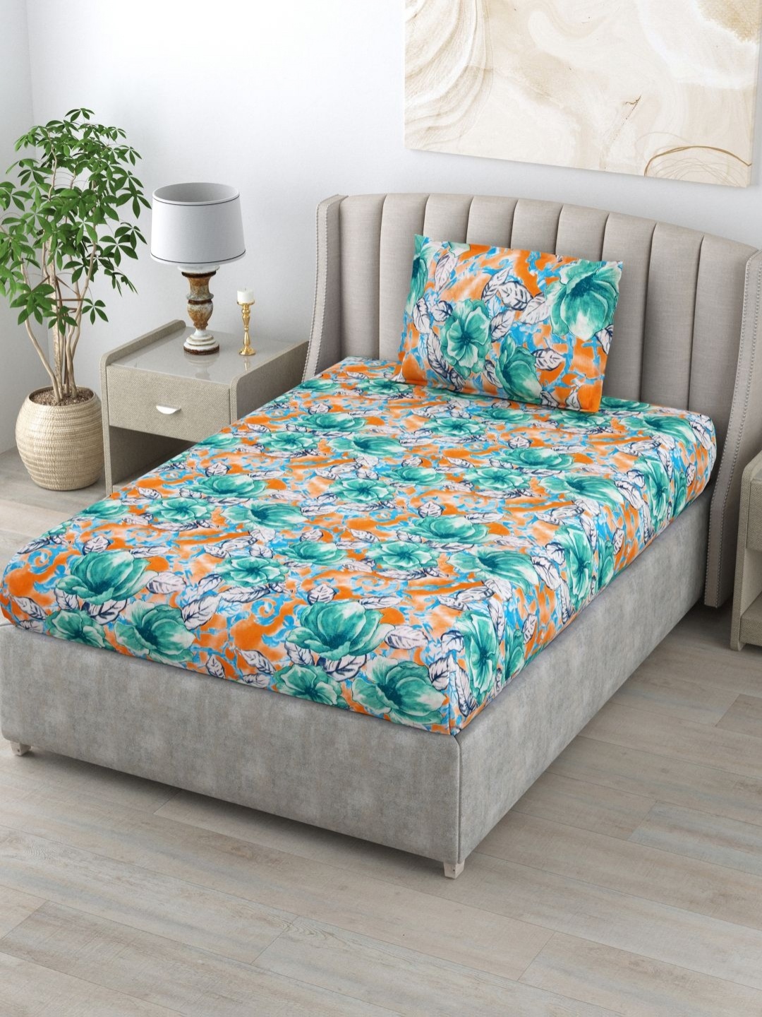 

BOMBAY DYEING Dream Lover Green & Orange Floral Cotton 104 TC Single Bedsheet Set