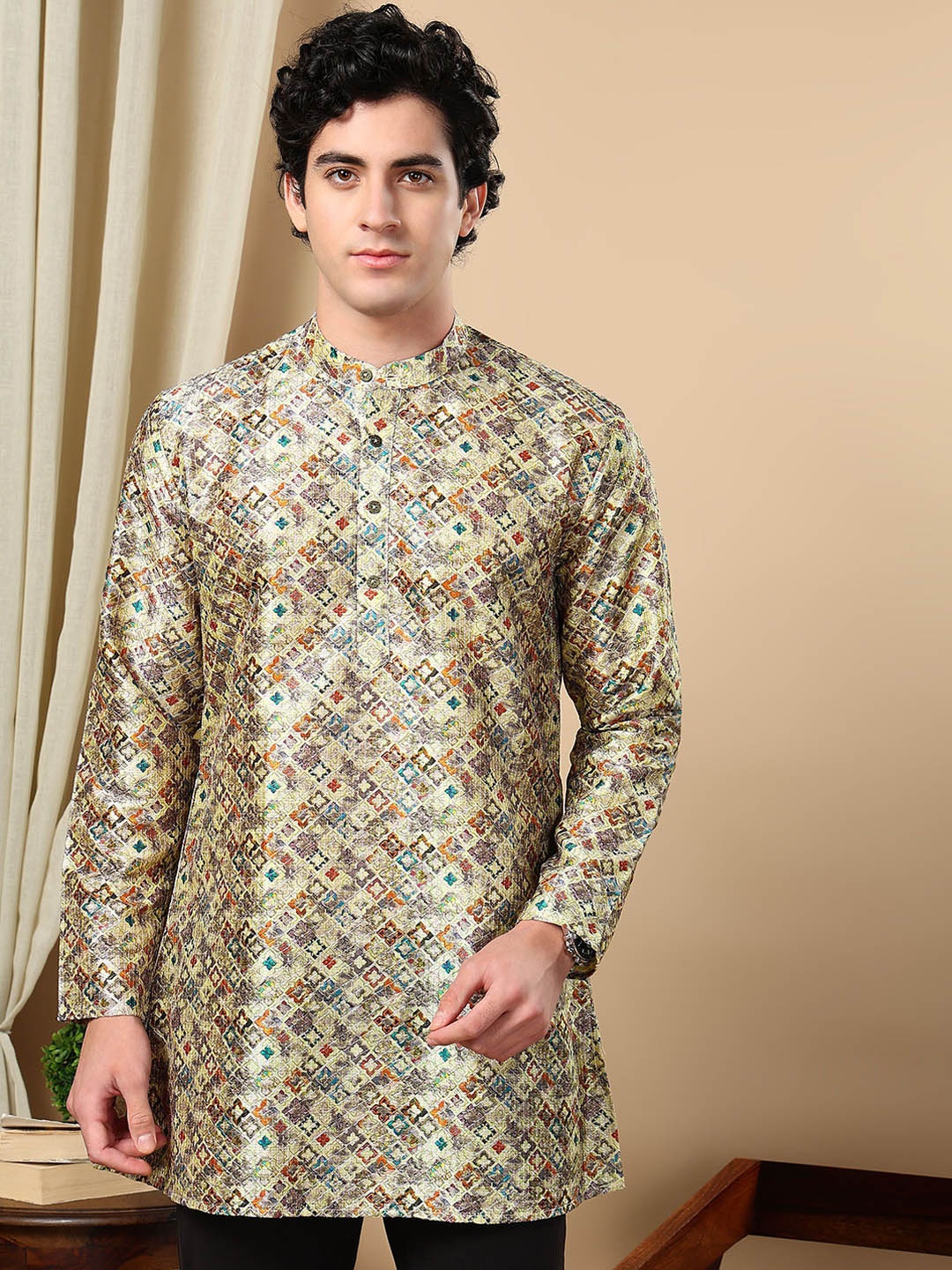 

TATTVA Mandarin Collar Geometric Printed Straight Kurta, Beige