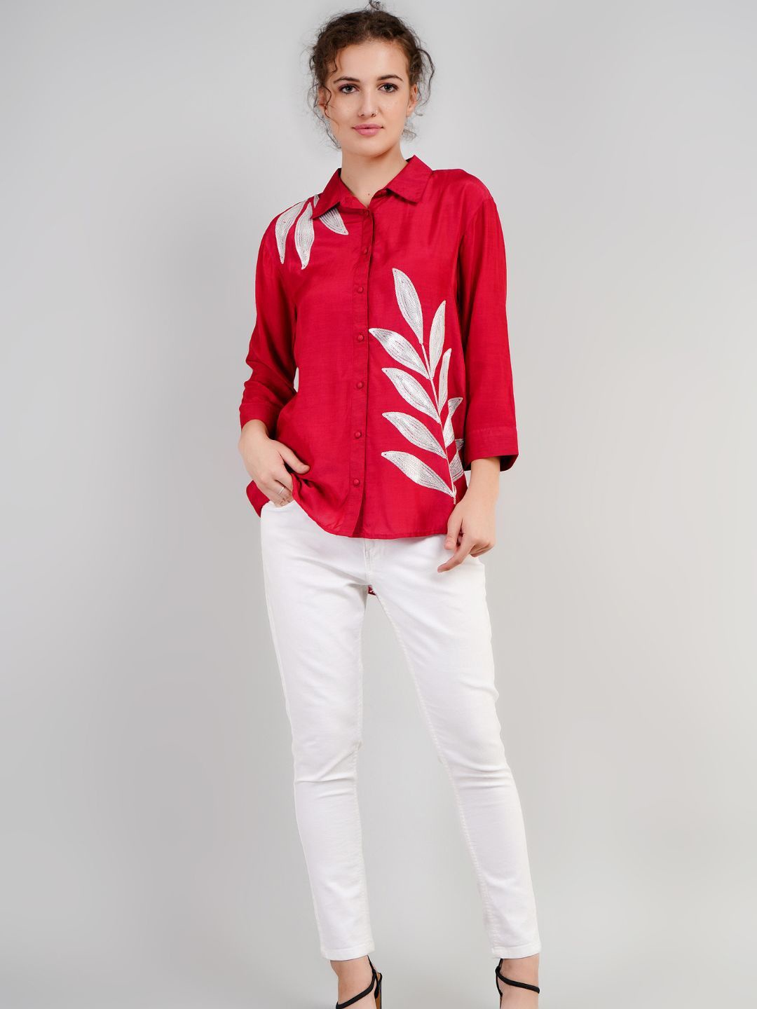 

Zolo Label Women Sequined Cotton Shirt Style Top, Red