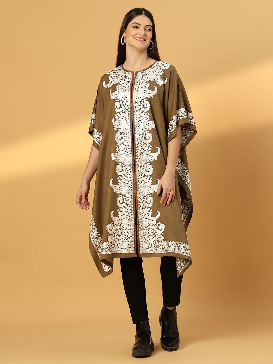 

Zamour Floral Kashmiri Embroidered Open Front Pheran Shrug, Brown