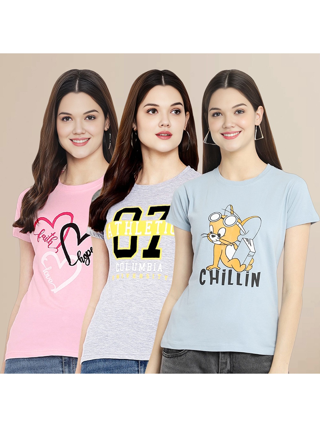 

Metronaut Women Pack Of 3 Typography Printed Round Neck Cotton Tom & Jerry T-shirts, Pink