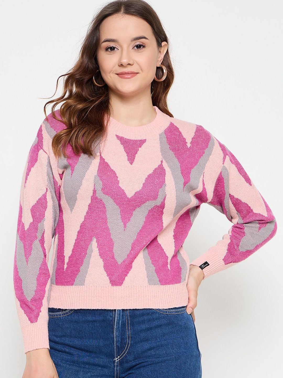 

CREATIVE LINE Women Self Design Round Neck Woollen Top, Pink