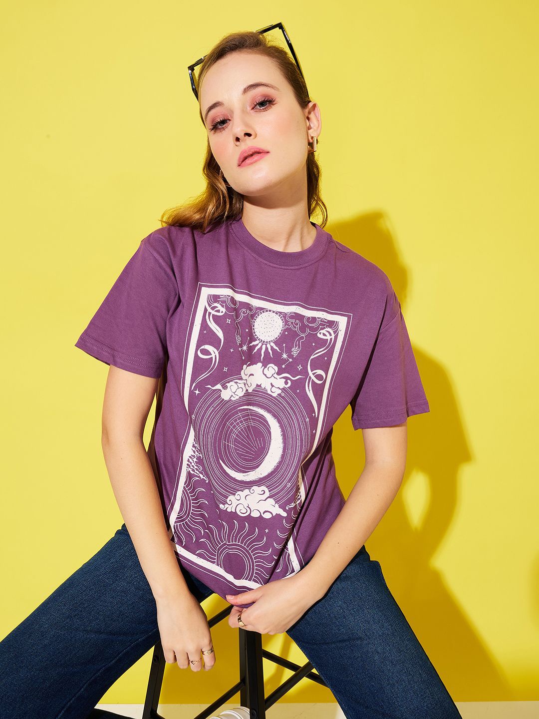

The Roadster Lifestyle Co. Women Graphic Printed Round Neck Cotton Oversized T-shirt, Purple
