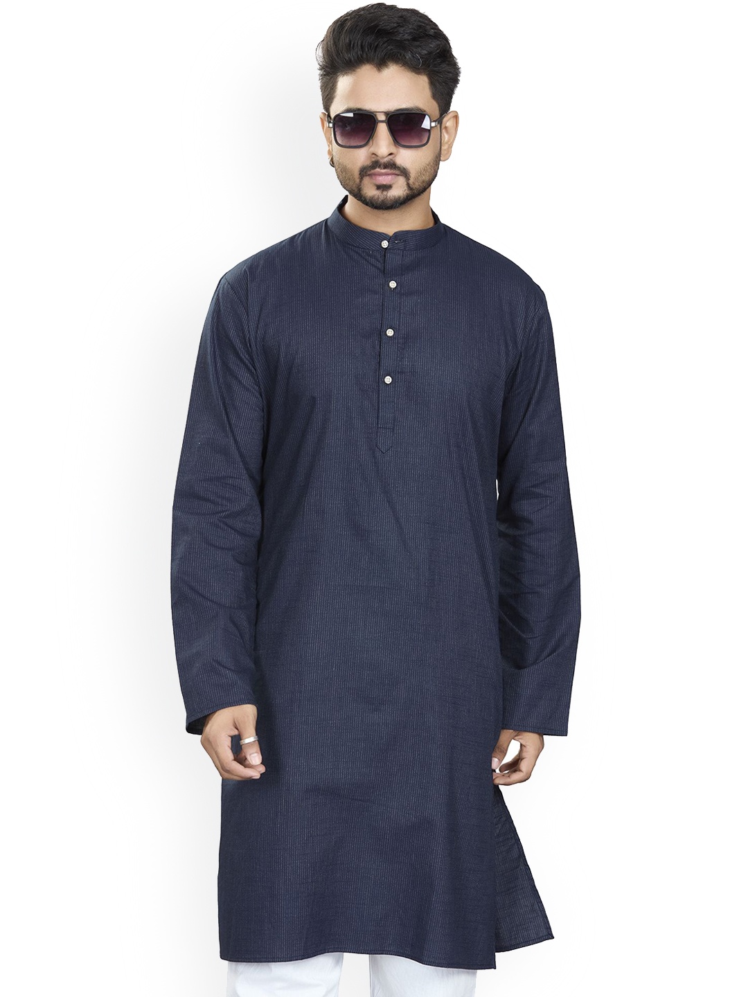 

Authentics Striped Band Collar Long Sleeves Regular Pure Cotton Straight Kurta, Navy blue